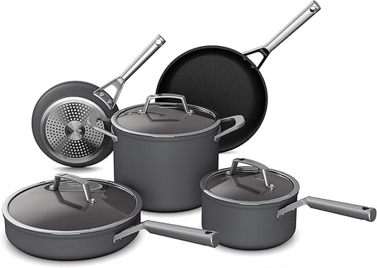 Ninja C38000 Foodi NeverStick Premium 8-Piece Cookware Set with Glass Lids, Hard-Anodized, Nonstick, Durable & Oven Safe to 500°F, Slate Grey