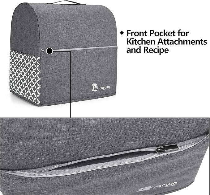 Yarwo Stand Mixer Cover Compatible with 4.5 qt and All 5 qt KitchenAid Mixer, Protective Dust Cover with Top Handle and Pockets for Accessories, Gray with Grid