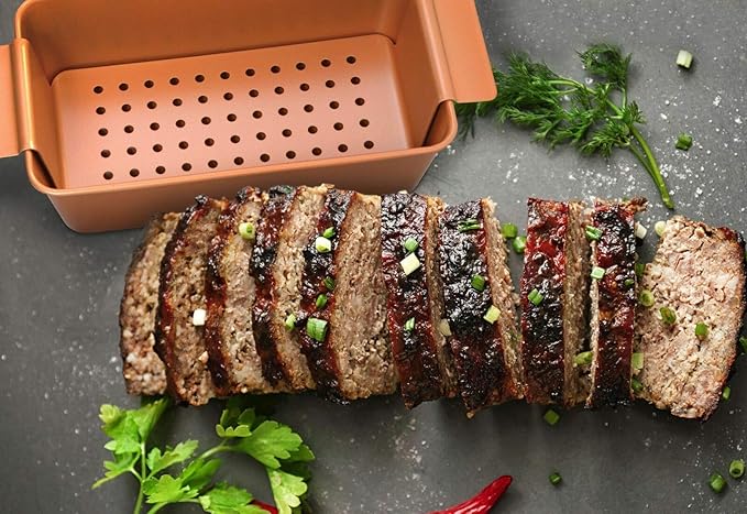 Volar Non-Stick Meatloaf Pan 2-Piece Healthy Meatloaf Pan Set Copper Coating With Removable Tray Drains Grease