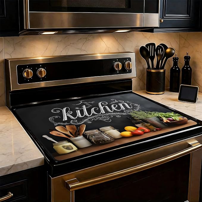 Farmhouse Kitchen Stove Top Cover 28.3 x 20.5 Inches, Heat Resistant Glass by KKYEJLQYI