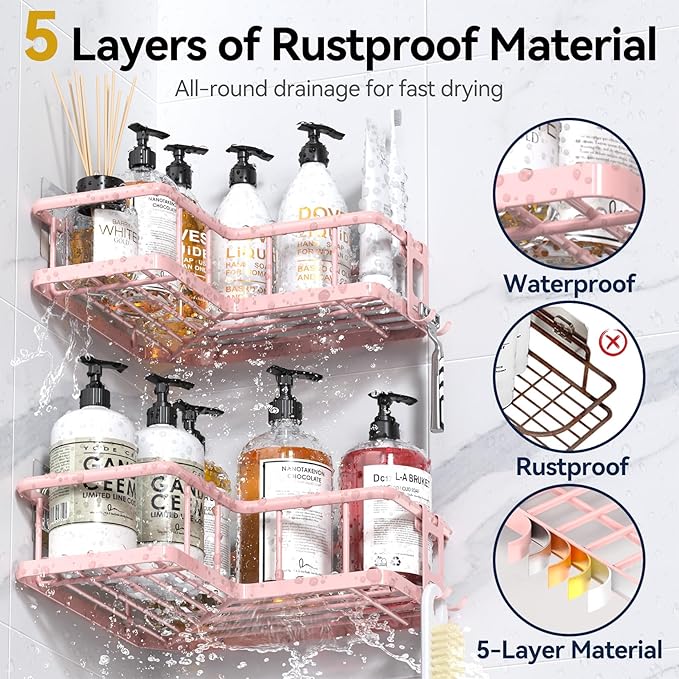 YASONIC Shower Caddy Corner, 3-Pack Adhesive Rustproof Stainless Steel Shower Shelves with Soap Holder, No Drilling Shower Organizer Corner for Dorm, Renters Bathroom, Pink