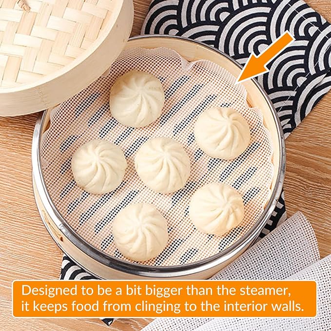 GUCUJI 8 Inch Silicone Bamboo Steamer Liners - Non-Stick, Reusable Steamer Mesh Mats for Steamed Buns, Dumplings, veggies, Dim Sum, Momo, Rice, and fish - Food Grade BPA Free (4Pcs)