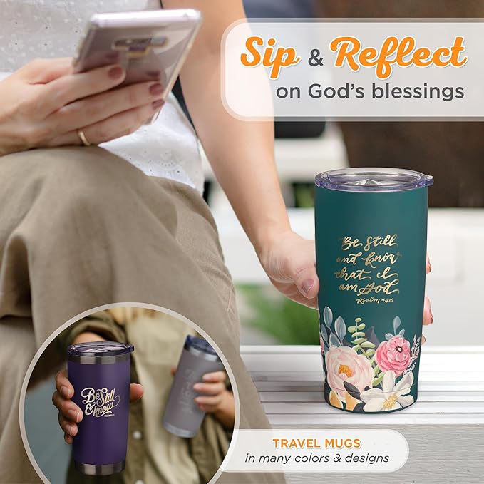 Christian Art Gifts Large Stainless Steel Inspirational Travel Mug Tumbler for Women: Be Still & Know Encouraging Scripture, Vacuum Insulated, Hot/Cold, Retractable Lid, Teal Multicolor Foral, 18 oz.