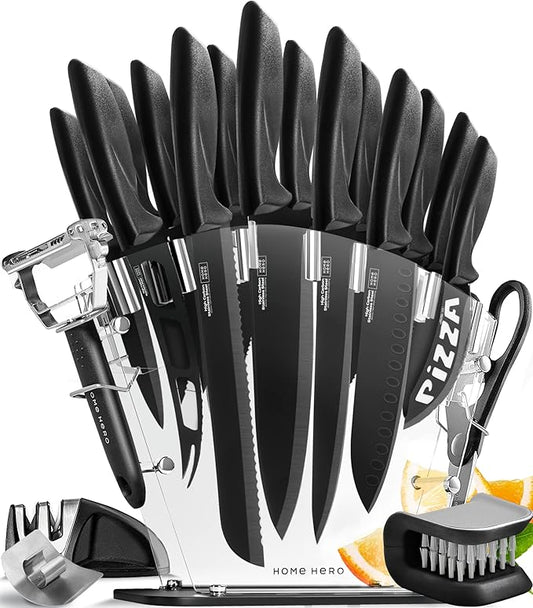 Home Hero Kitchen Knife Set - High Carbon Stainless Steel Blades & Built-In Sharpener - Ergonomic Handles & Cutlery Block Storage - Precision Cooking Prep with Chef Knife - 20 Pc, Black