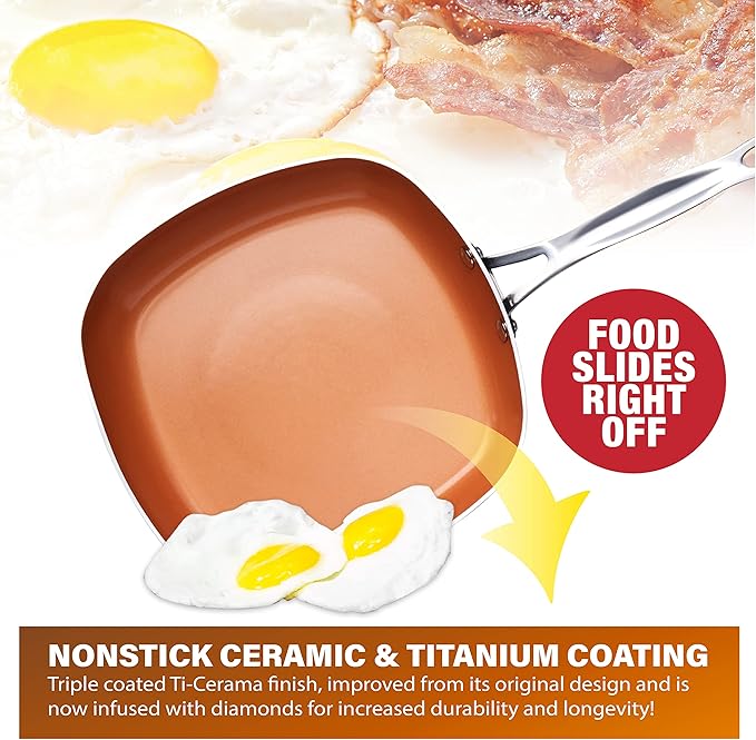 Gotham Steel Non Stick Frying Pan, 11” Square Ceramic Frying Pan Nonstick, Long Lasting Nonstick Cooking Pan, Induction Frying Pan, Egg Pan, Stay Cool Handle, Dishwasher & Oven Safe, 100% Toxin Free