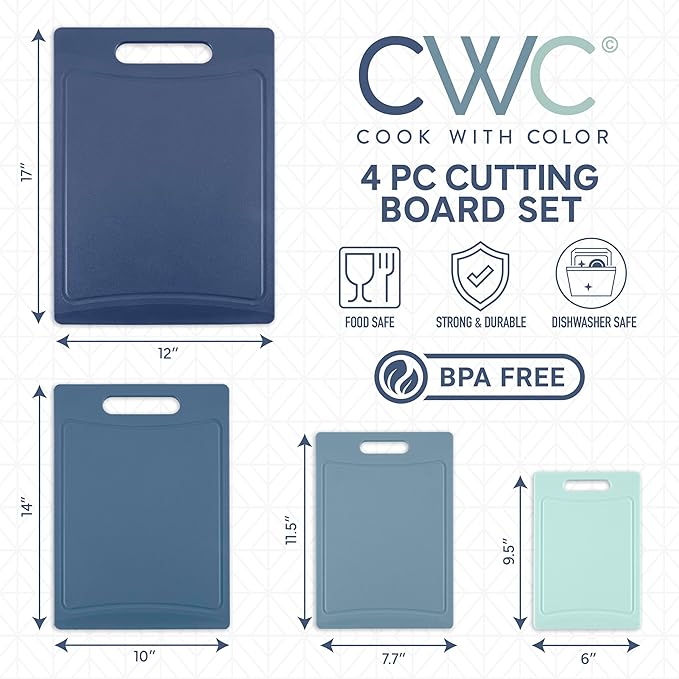 COOK WITH COLOR Non-Slip Cutting Board Set – Kitchen Essentials with Easy Grip Handle for Meat, Veggies, and Fruits, 4 Cutting Boards, Blue-New