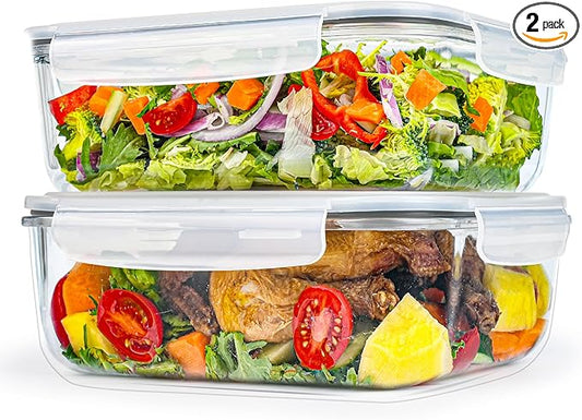 GEHE 9.8 Cup / 78 Oz Large Glass Food Storage Containers with Lids, 2 Pack Glass Meal Prep Containers Set with Airtight Locking Lids - Storing Food, Baking, Leakproof, Freezer, Microwave & Oven Safe