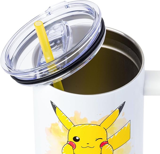 Silver Buffalo Pokémon Stainless Steel Tumbler with Handle Featuring Pikachu, Fits in Standard Cup Holder, 40 Ounces