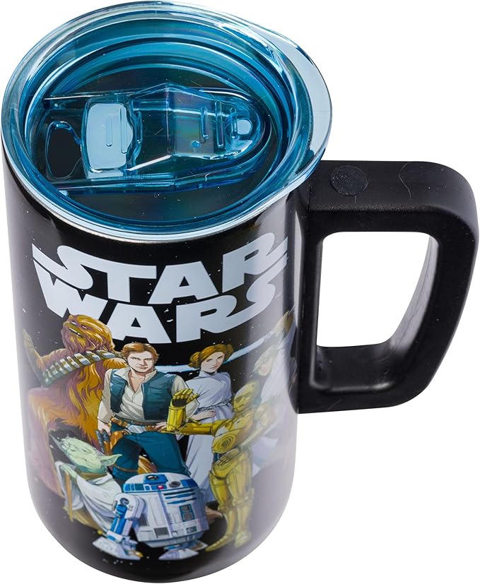 Silver Buffalo Star Wars Featuring Luke Skywalker, Princess Leia, Hans Solo, Chewbacca, Yoda, R2-D2, and C-3PO Double Wall Stainless Steel Travel Mug With Handle, 15 Ounces