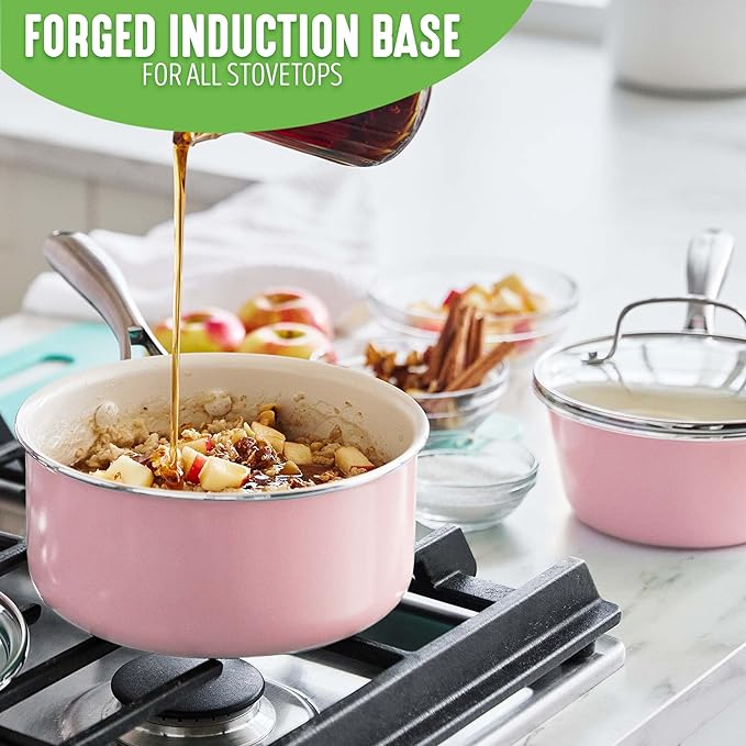 GreenLife Artisan Healthy Ceramic Nonstick, 1QT and 2QT Saucepan Pot Set with Lids, Stainless Steel Handle, Induction, PFAS-Free, Dishwasher Safe, Oven Safe, Pink