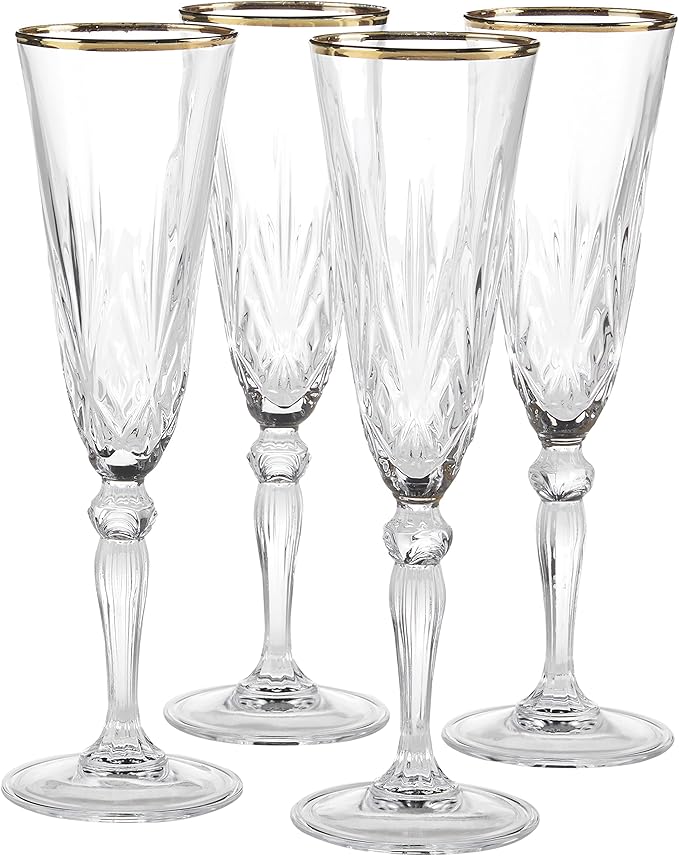 Lorren Home Trends Siena Collection Crystal Flute Glass with Gold Band Design, Set of 4