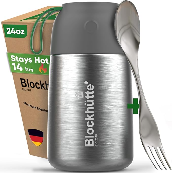 Blockhütte Food Thermos for Adults - 24 oz | Wide Mouth Thermos for Soup with Spork & Brush | Stainless Steel Thermal Lunch Box 14h Hot | Insulated Lunch Containers for Travel, Work, School