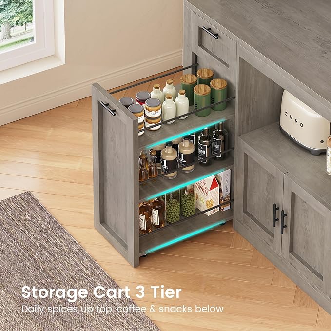 Itaar 71" Pantry Cabinet with Charging Station and LED Light, Kitchen Pantry Cabinet with Microwave Stand, 47.2" Wide Kitchen Storage Cabinets with Storage Cart 3 Tier for Dining Room, Grey