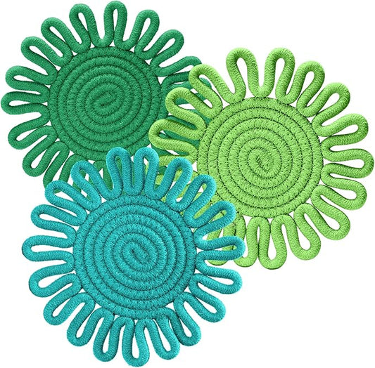 Aesthetic & Colorful Boho Trivets for Hot Dishes, Trivets for Hot Pots and Pans, Potholders for Kitchen, Heat Resistant Hot Pads for Countertops,Table Decorations,Set of 3, 100% Cotton,7.5"(Green)