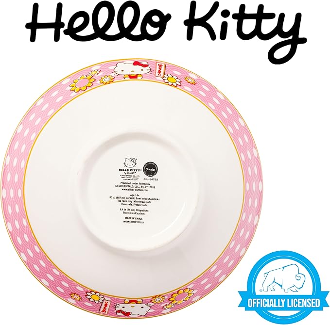 Silver Buffalo Sanrio Hello Kitty Pink and Gold Japanese Pattern with Flowers Ceramic Ramen Noodle Rice Bowl with Chopsticks, Microwave Safe, 30 Ounces