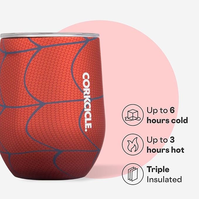 Corkcicle Stemless Insulated Wine Glass Tumbler - Keeps Beverages Cold 6 Hours & Hot 3 Hours - Stainless Steel - Easy-Grip - Summer Drinkware Gift - Keeps Drinks Ice Cold - 12 oz - Spider-Man