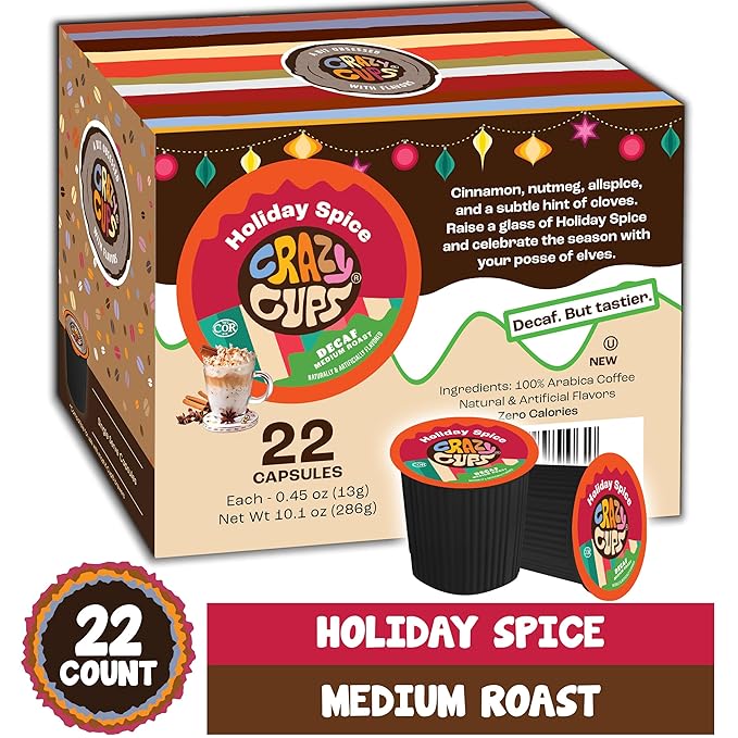 Crazy Cups Decaf Flavored Coffee Pods, Decaf Holiday Spice & Blend, Single Serve Coffee for Keurig K Cups Machines, Hot or Iced, Medium Roast in Recyclable, 22 Count