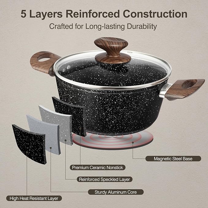 Pots and Pans Set Non Stick, 12pcs Black Ceramic Cookware Set, Non-toxic Induction Cookware Kitchen Cooking Set, PFAS and PFOA Free