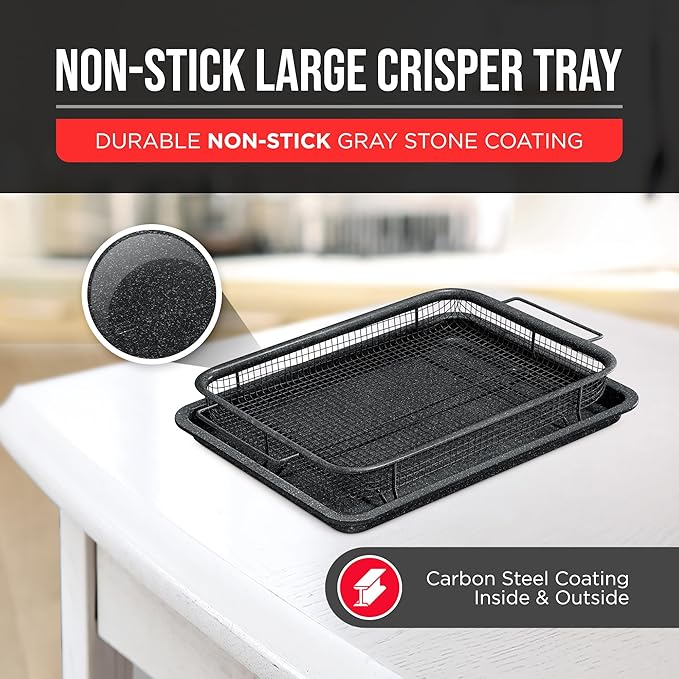 Crisper Tray - 2-Piece Set – Gray Marble, Non-Stick Basket Design for Healthier Cooking in Regular Ovens - Achieve Perfectly Crispy Chips, Bacon and More