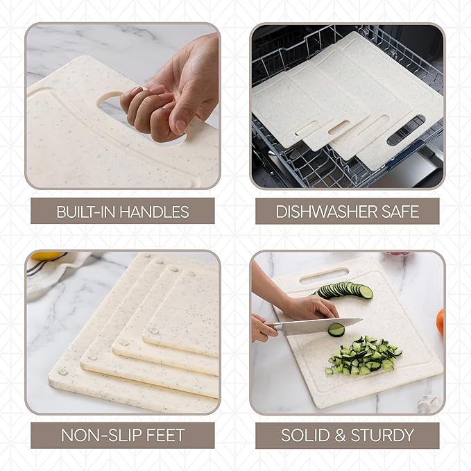 COOK WITH COLOR Non-Slip Cutting Board Set – Kitchen Essentials with Easy Grip Handle for Meat, Veggies, and Fruits, 4 Cutting Boards, White