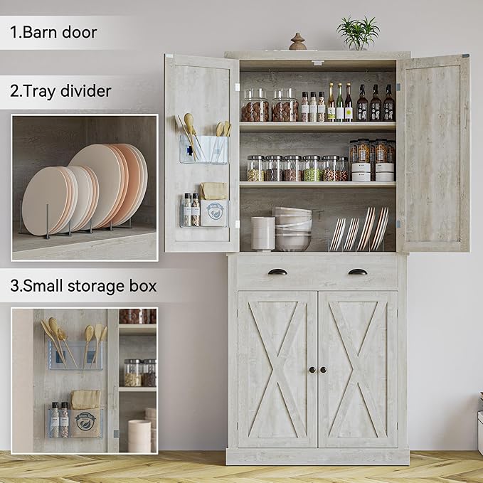 IRONCK Kitchen Pantry Storage Cabinet 72.6" H, with Barn Doors, Drawer, 4 Adjustable Shelves, Freestanding Cupboard for Dining Room Living Room, Laundry, Rustic Maple