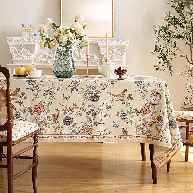ISAENNE Designer French Light Beige Tablecloth Rectangular,Linen Florals and Birds Pattern Table Cloth,Anti-Wrinkle Decorative Tablecloths for Dining Thanksgiving Kitchen,55"*87"-Cornucopia