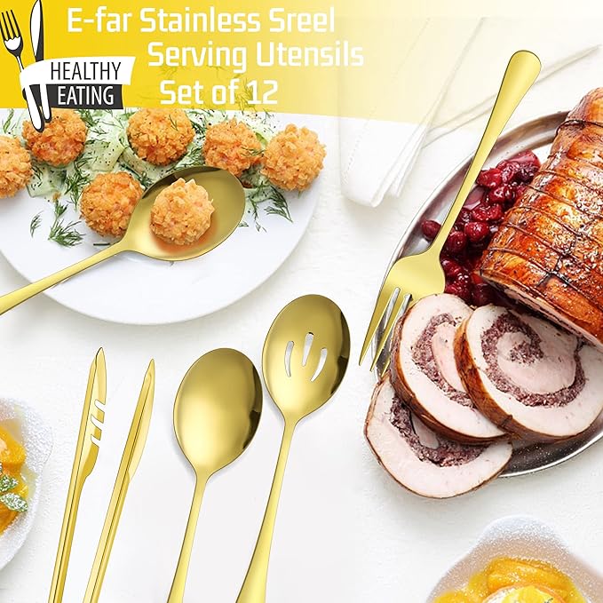 Large Gold Serving Utensils Set of 12, E-far Stainless Steel 9.8 Inch Serving Spoons Slotted Spoon, 9.9 Inch Forks, 9.4 Inch Tong for Buffet Catering, Mirror Finish & Dishwasher Safe