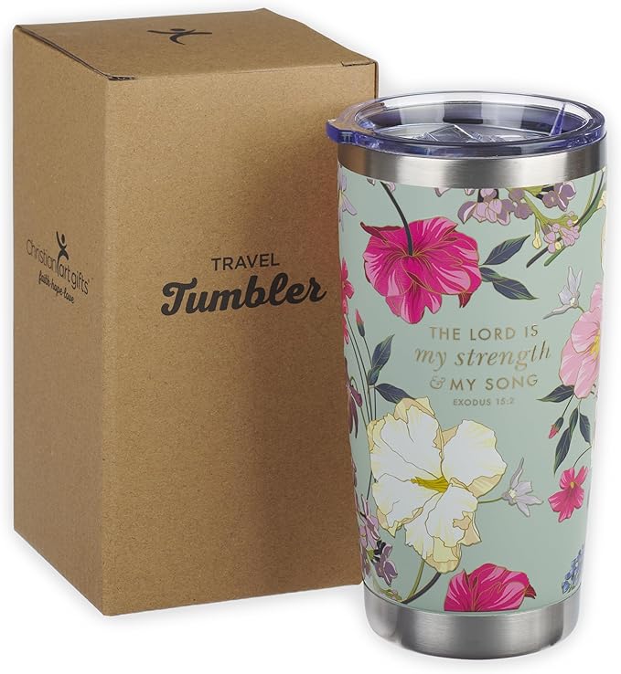 Christian Art Gifts Large Stainless Steel Scripture Travel Mug Tumbler for Women: Lord is My Strength Inspirational Bible Verse, Double Wall Vacuum Insulated w/Lid, Mint Green Multicolor Floral, 18oz.