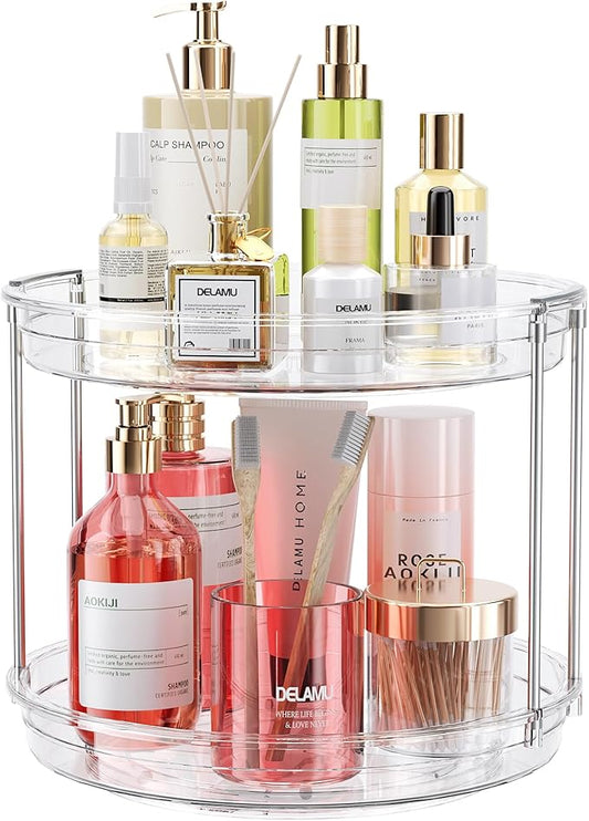 LAMU 10.6in Rotating Makeup Organizer for Vanity, 2 Tier Lazy Susan Turntable Stackable Spinning Skincare Organizer Cosmetic Perfume Tray for Bathroom Counter, Large Capacity, Clear