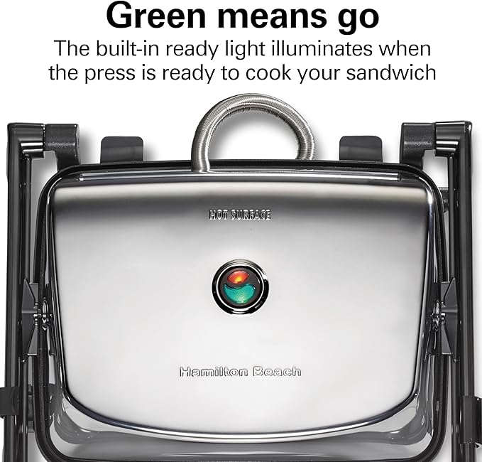 Hamilton Beach Panini Press Sandwich Maker & Electric Indoor Grill with Locking Lid, Opens Wide to Fit Any Thickness for Quesadillas, Burgers & More, Nonstick 8" x 10" Grids, Chrome (25460AG)