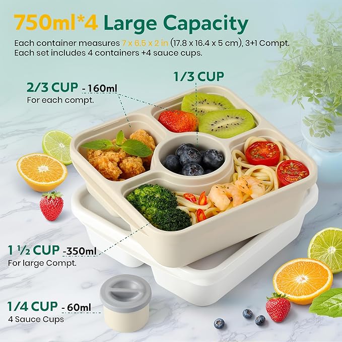 QQKO Bento Snack Box Containers for Adults Kids, Meal Prep Containers Reusuable Bento Lunch Box, Lunchable Food Storage Containers with Lids and Sauce Cups, White Brown