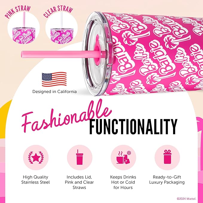 Dragon Glassware x Barbie 24 oz Insulated Stainless Steel Tumbler with Lid and 2 Straws - Travel Coffee Tumbler Cup to Keep Drinks Hot or Cold, Fits Cup Holders - Palm Trees