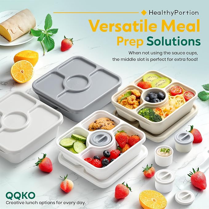 QQKO Bento Snack Box Containers for Adults Kids, Meal Prep Containers Reusuable Bento Lunch Box, Lunchable Food Storage Containers with Lids and Sauce Cups, White Brown