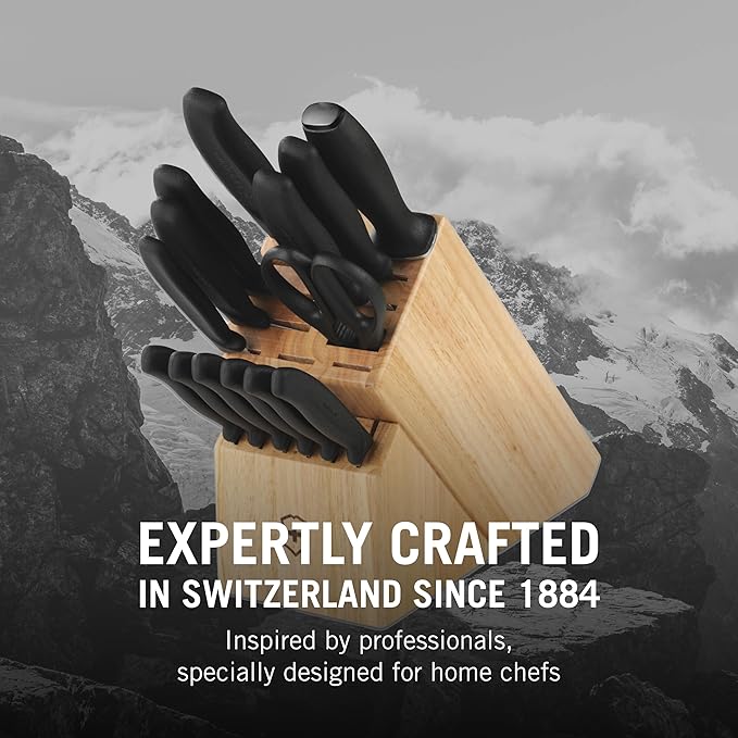 Victorinox Swiss Classic Knife Block - Kitchen Knife Set with Block for Home Essentials - Includes Chef's Knife, Santoku Knife & More - Black Handles, 15-Piece Set