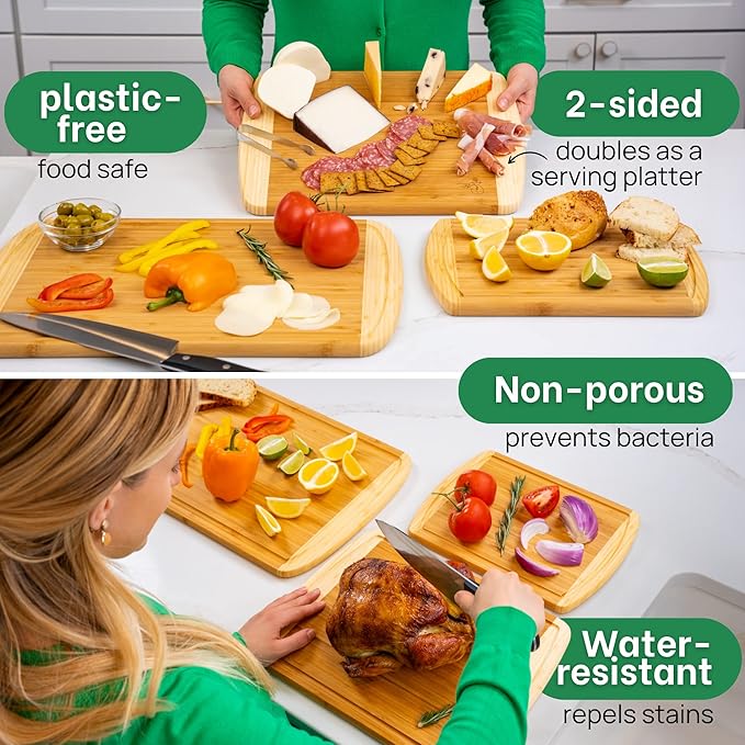 Organic Wooden Cutting Boards for Kitchen Set of 3 with Lifetime Replacements – Premium Extra Large Bamboo Chopping Boards with Juice Grooves for Carving & Serving, Non-Toxic & Durable by Greener Chef