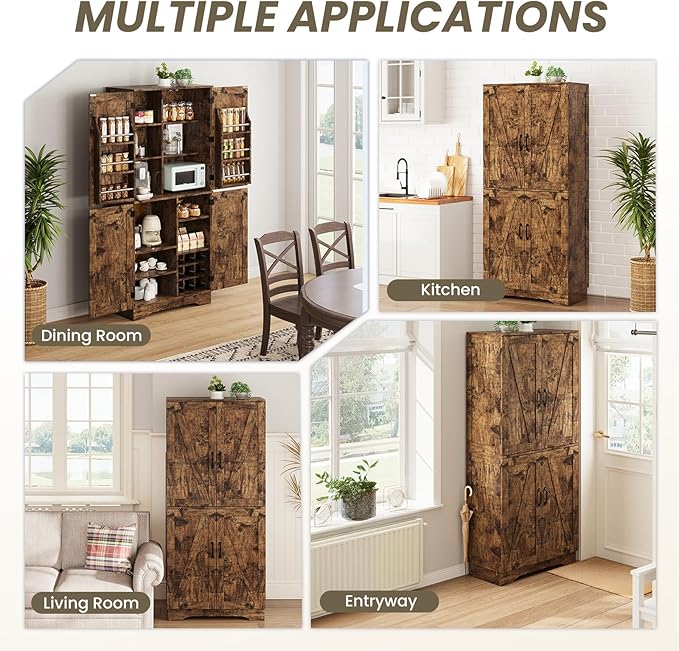 71" Tall Kitchen Pantry, Farmhouse Storage Cabinet with Doors, Shelves, Rustic Wood Cupboard, Built-in Wine Storage Grid & 6 Door Shelves for Kitchen, Dining Room, Rustic Brown