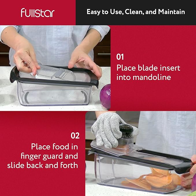 Fullstar Mandoline Slicer for Kitchen, Fruit Cutter, Cheese Grater, Cucumber Slicer, Veggie Spiralizer, Food Cutter & Kitchen Gadgets & Gifts with Safety Glove (11 in 1, Clear)