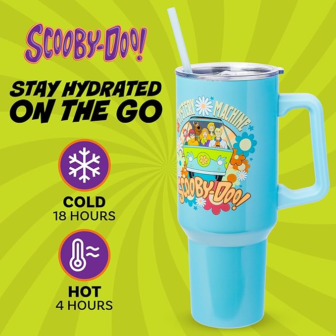 Silver Buffalo Scooby Doo Mystery Machine Featuring Shaggy, Velma, Fred and Daphne Stainless Steel Tumbler with Handle and Straw, Fits in Standard Cup Holder, 40 Ounces