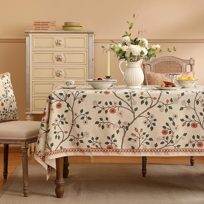 ISAENNE Designer Floral Extra Long Rectangle Tablecloth,French Linen Light Beige Indoor Table Cloth,Fall Wrinkle Resistant Decor Tablecloths for Dining Thanksgiving Kitchen,63"*110"-Flora A