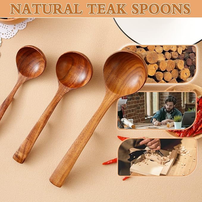 Wooden Ladle for Soup, 3Pcs Wooden Spoons for Cooking, Non-Stick Wood Spoon, Natural Teak Wood Cooking Spoons, Kitchen Utensils Spoons Set
