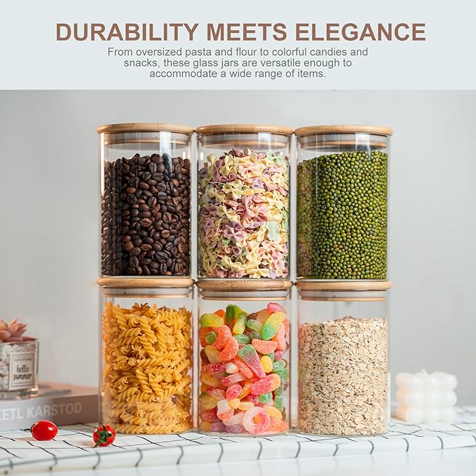 Liuruiyu Glass Food Storage Jars Set of 8,26oz-Glass Storage Containers Clear Glass Food Canister with Bamboo Lid Airtight For Serving Tea, Coffee, Flour,Candy, Cookie, Spice(Round-80CMx150CM)