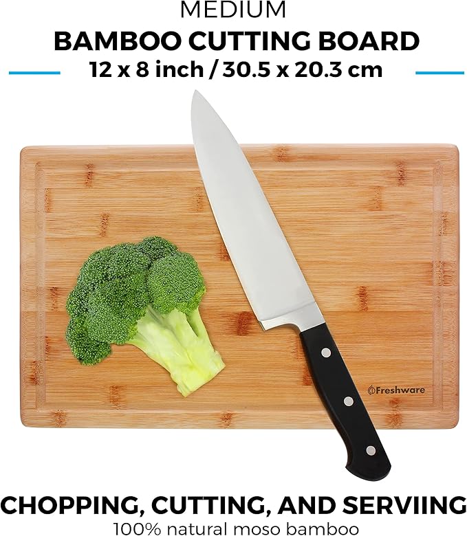 Freshware Freshware Bamboo Cutting Boards for Kitchen with Juice Groove [Set of 2] Wood Cutting Board for Chopping Meat, Vegetables, Fruits, Cheese, Knife Friendly Serving Tray with Handles