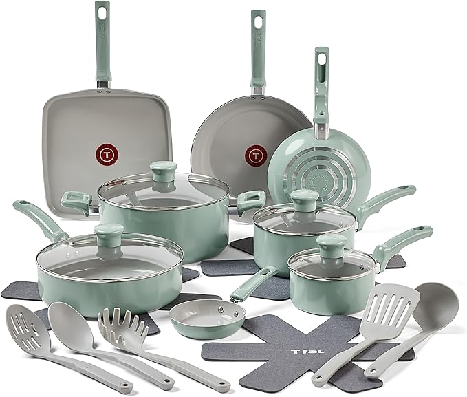 T-Fal Refresh Ceramic Nonstick Cookware Set, 20-Piece, Oven Safe to 350°F, Stockpot, Ceramic Pots and Pans Set, Frying Pans, Griddle, Utensils, Mint Green