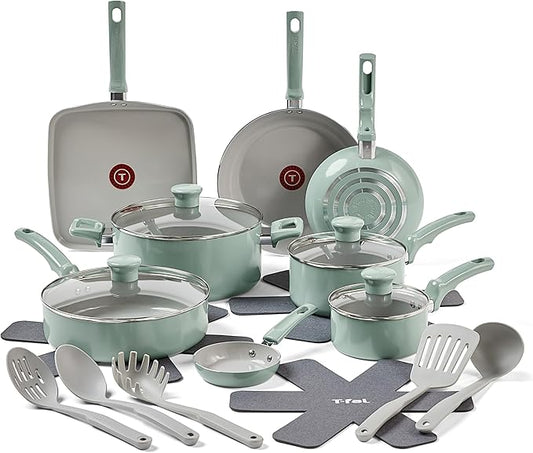 T-Fal Refresh Ceramic Nonstick Cookware Set, 20-Piece, Oven Safe to 350°F, Stockpot, Ceramic Pots and Pans Set, Frying Pans, Griddle, Utensils, Mint Green