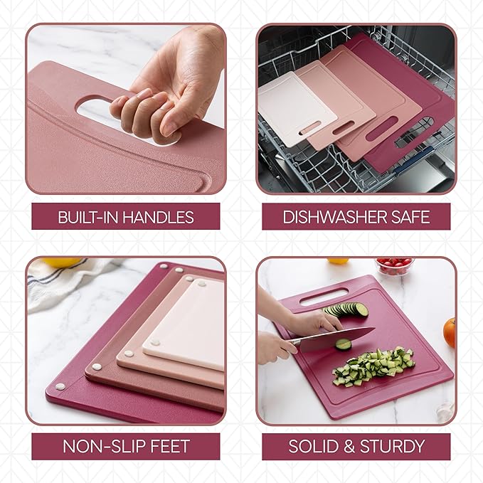 COOK WITH COLOR Non-Slip Cutting Board Set – Kitchen Essentials with Easy Grip Handle for Meat, Veggies, and Fruits, 4 Cutting Boards, Rose