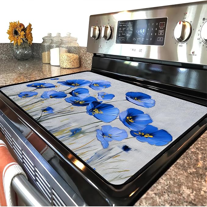 Blue Floral Stove Top Cover 28.3 x 20.5 Inches, Heat Resistant Glass Stove - Image 2