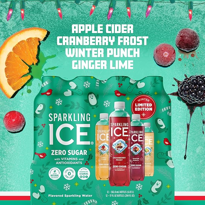 Sparkling Ice, Winter Variety Pack, Flavored Sparkling Water, Zero Sugar, with Vitamins and Antioxidants, 17 fl oz, 12 count (Cranberry Frost, Winter Punch, Apple Cider and Ginger Lime)