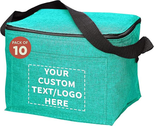 Custom Insulated Cooler Lunch Bag Set of 10, Personalized Bulk Pack - Perfect for Work, Travel, Outdoor Events - Mint