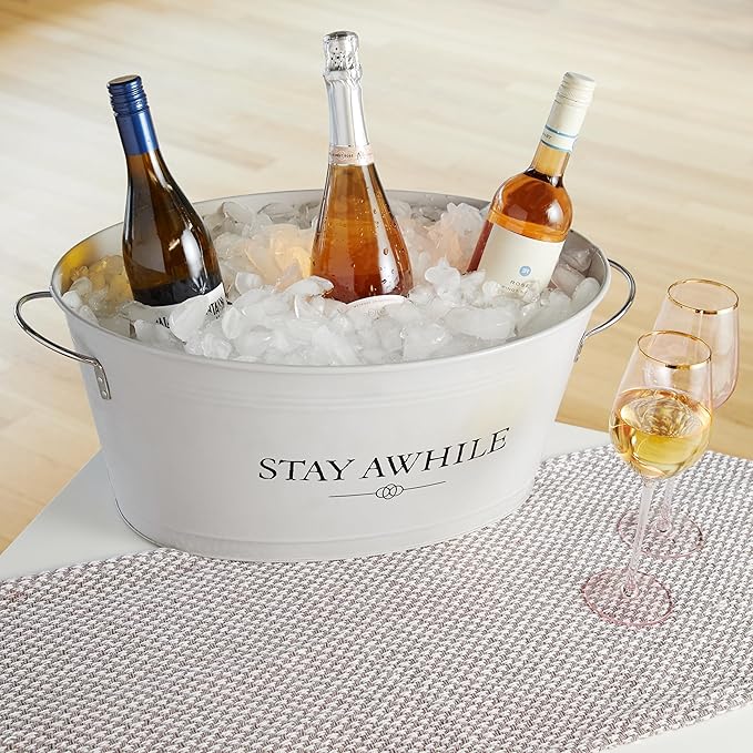 Twine Stay Awhile White Painted Galvanized Ice Bucket & Metal Tub - Beverage Ice Barrel Tub for Parties in 6.3-Gallon Capacity