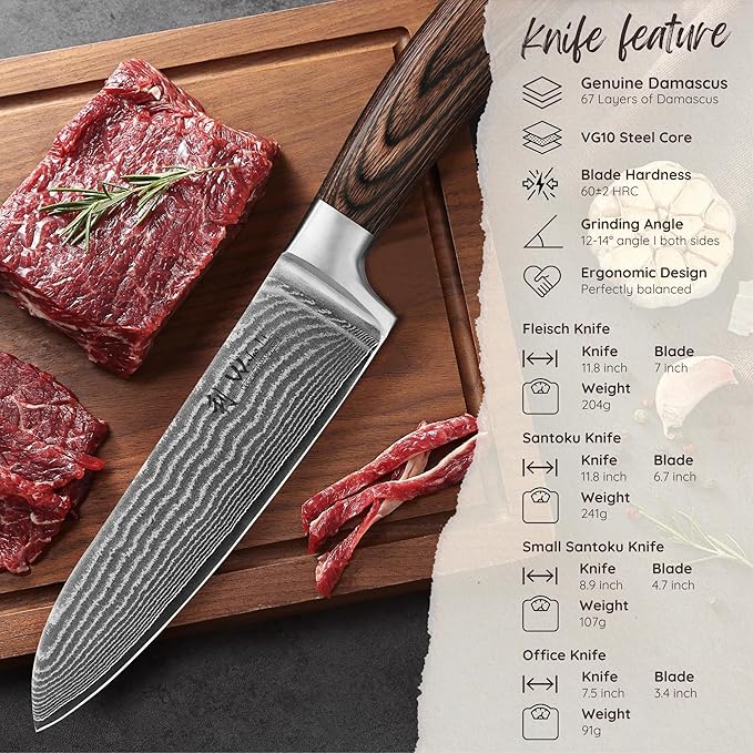 Wakoli EDIB 4-Piece Damascus Knife Set – Professional Chef Knives Set with VG10 Core Blades, 67-Layer Damascus Steel and Ergonomic Pakkawood Handles – Premium Kitchen Knives in Elegant Gift Box
